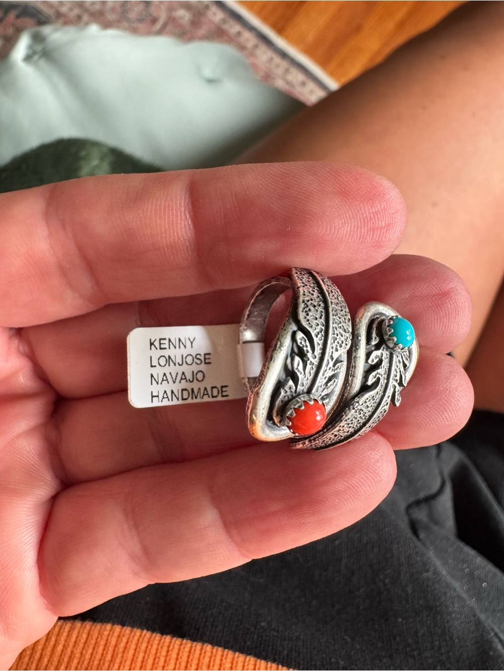 Navajo handmade, stamped, sterling silver turquoise and coral adjustable ring - Picture 7 of 7